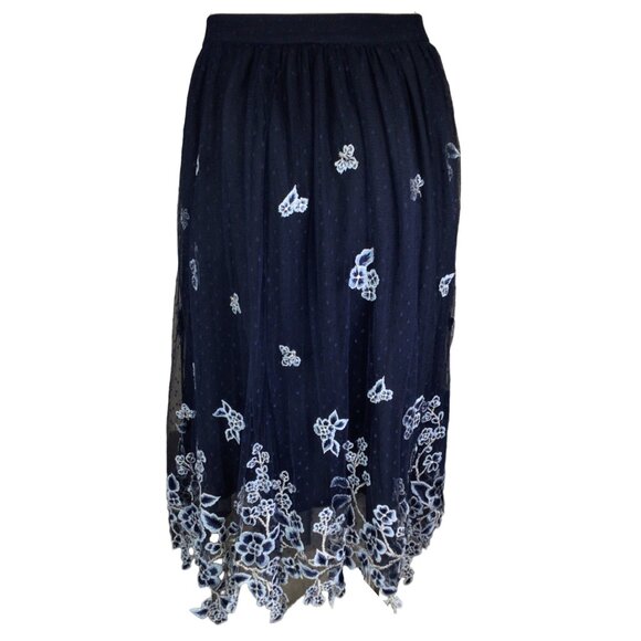 BIYAN NAVY BLUE FLORAL EMBROIDERED MESH TULLE MIDI SKIRT - Picture 3 of 5